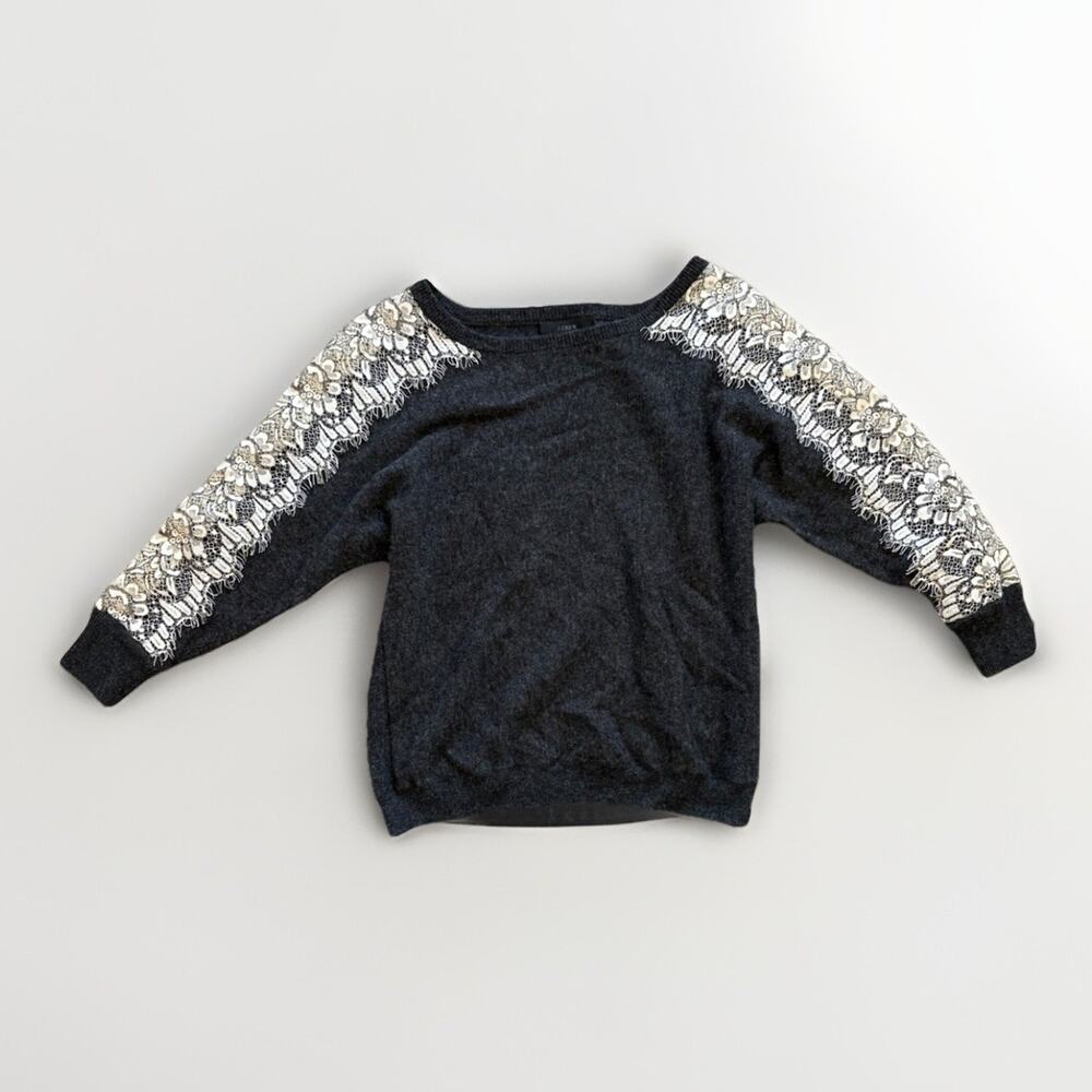 J.Crew J Crew Lace Sleeve Sweater XS Gray Fleece Lined Cozy Crewneck Pullover